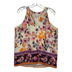 Tabitha‎ Webb Floral Halter Top Sleeveless V-Neck Lined Blouse Purple Orange  M